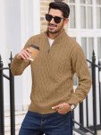 Men's Khaki Quarter-Zip Turtleneck Pullover Sweater