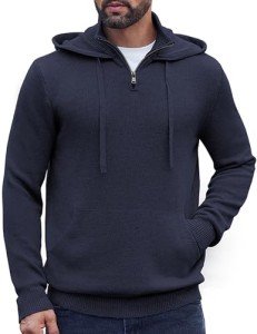 Men's Navy Blue Knitted Turtleneck Hoodie Sweater