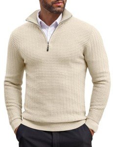 COOFANDY Men's Lightweight Quarter Zip Sweater - Beige