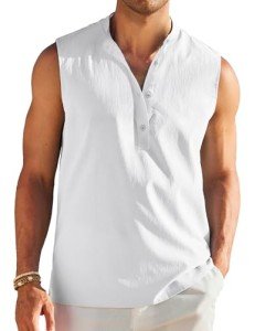 COOFANDY Men's Sleeveless Henley Tank Top - White