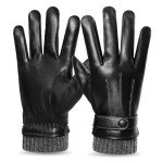 Men's Black Leather Touchscreen Winter Gloves