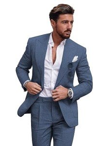 Dusty Blue Slim Fit Linen Suit for Men