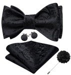 Barry.Wang Black Paisley Bow Tie & Lapel Pin Set