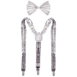 Silver Sequin Bowtie & Suspender Set for Men