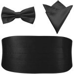 Men's Black Bow Tie, Pocket Square & Cummerbund Set