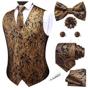 GUSLESON Men's V-Neck Paisley Vest Set, Black Gold