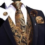 GUSLESON Men's V-Neck Paisley Vest Set, Black Gold