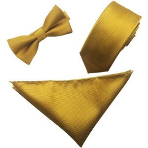 Gold Satin Tie Set for Men - Bowtie & Pocket Square