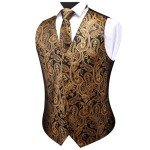 GUSLESON Men's V-Neck Paisley Vest Set, Black Gold