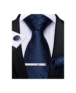 DiBanGu Navy Blue Plaid Tie and Cufflinks Set