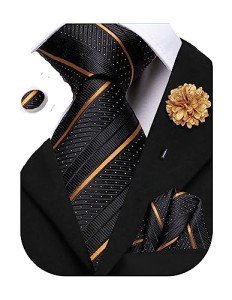 Men's Black and Gold Striped Tie Set