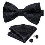 DiBanGu Men's Silk Bow Tie Set - Black Paisley