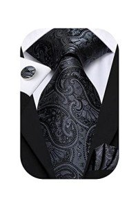Black Paisley Tie Set with Pocket Square & Cufflinks