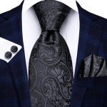 Black Paisley Tie Set with Pocket Square & Cufflinks