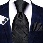 Men's Extra Long Black Plaid Tie and Accessories Set