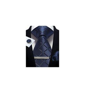 Navy Blue Plaid Men's Tie and Accessories Set