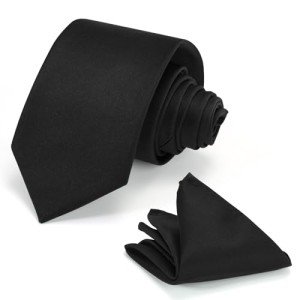 Junmaxroad Men's Solid Black Tie and Pocket Square Set
