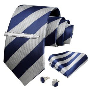 Navy Blue and Grey Striped Tie Set for Men