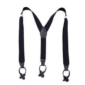 Men's Black Leather Button End Tuxedo Suspenders