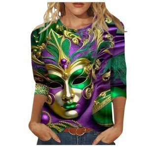 Mardi Gras Women's Mask Print Top - Dark Green