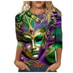 Mardi Gras Women's Mask Print Top - Dark Green