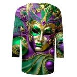 Mardi Gras Women's Mask Print Top - Dark Green