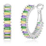 GLOQUAT Silver CZ Mardi Gras Hoop Earrings