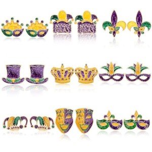 9 Pairs Mardi Gras Glitter Mask Stud Earrings