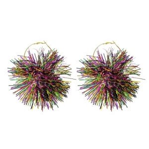 Sparkly Mardi Gras Large Hoop Earrings with Pom Poms