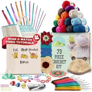 Beginner Crochet Kit with Ergonomic Hooks & Yarn