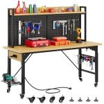 Adjustable 60" Rolling Workbench with Pegboard and Storage