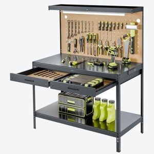 Henetion Steel Workbench with Outlets and Light