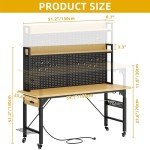 Adjustable 60" Rolling Workbench with Pegboard and Storage