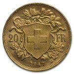 1947 Swiss Gold 20 Francs Helvetia Coin