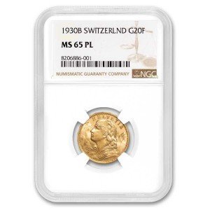 1930-B Switzerland Gold 20 Franc Coin MS-65