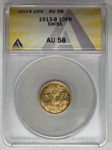 1913-B Swiss 10 Francs Gold Coin AU 58