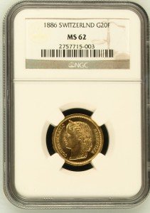 1886 Switzerland Gold 20 Franc Coin - MS 62