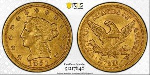 1851 P Gold Liberty Head Quarter Eagle Coin
