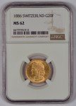 1886 Switzerland 20 Francs Gold Coin MS62 NGC
