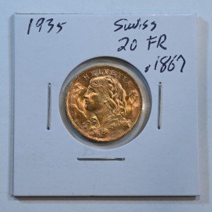 1935 L-B Switzerland 20 Francs Gold Coin