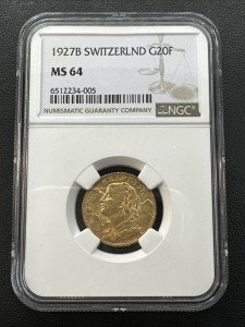 1927 Swiss 20 Franc Gold Coin - NGC MS64