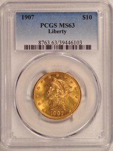 1907 $10 Gold Liberty Eagle Coin MS63