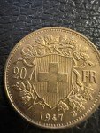 1947B Swiss Helvetia 20 Franc Gold Coin