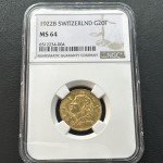 1922 Swiss Gold 20 Franc Coin - NGC MS64