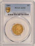 1862 $3 Indian Princess Gold Coin AU53