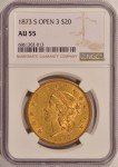 1873-S $20 Gold Double Eagle Coin NGC AU55