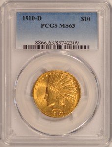 1910-D $10 Gold Indian Eagle Coin MS63