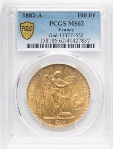 1882 100 Francs Gold Coin - France, MS-62