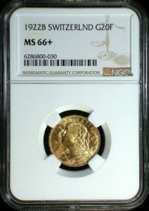 1922B Switzerland Gold 20 Francs Coin MS-66+
