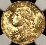 1922B Switzerland Gold 20 Francs Coin MS-66+